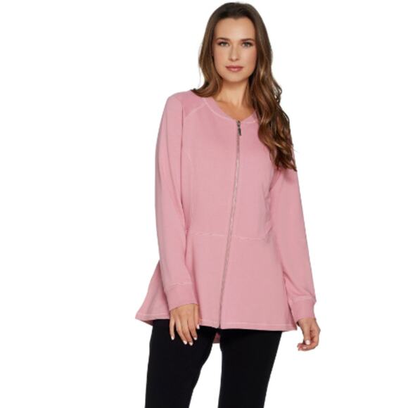 Denim & Co French Terry Knit Jacket XXS Rose Pink Zip Front Hi-Low NWOT - Picture 1 of 4